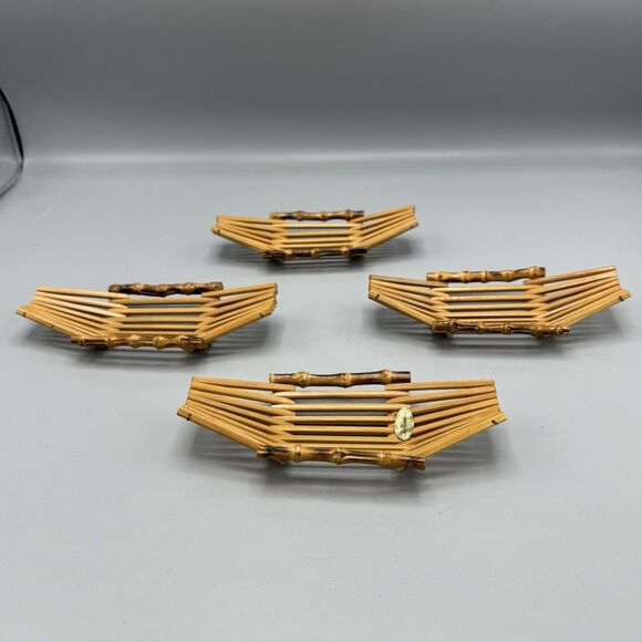 Vtg Set of 4 Top Bamboo Dish Boat Shape Dining Serveware Sushi Towel Holder - Picture 3 of 7